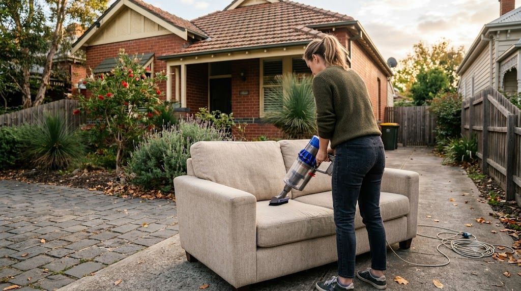 Person vacuuming a secondhand fabric sofa outside a Melbourne home before bringing it inside — how to clean used furniture