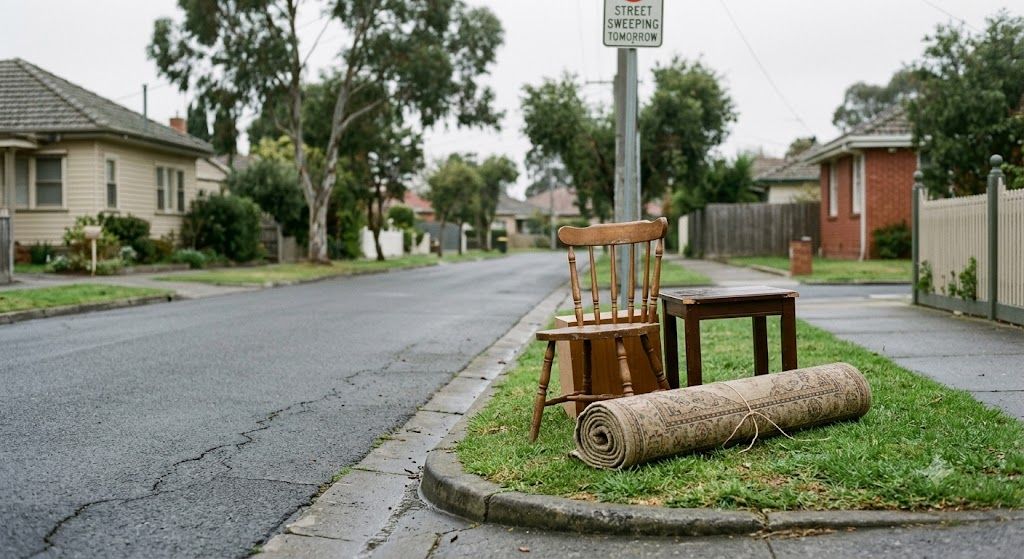 Furniture placed at the kerbside for hard rubbish collection on a quiet Australian street