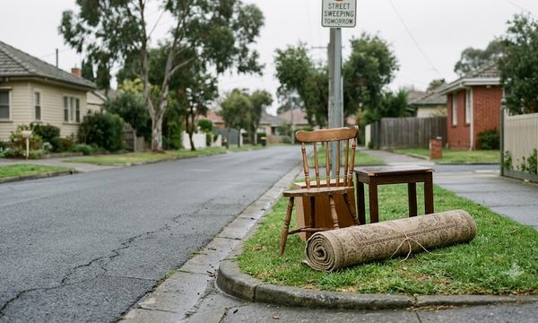 Furniture placed at the kerbside for hard rubbish collection on a quiet Australian street