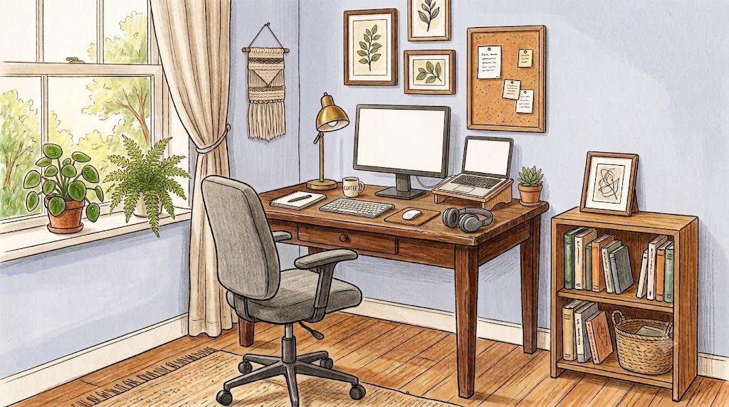 Secondhand timber desk and ergonomic office chair set up in a small home office corner