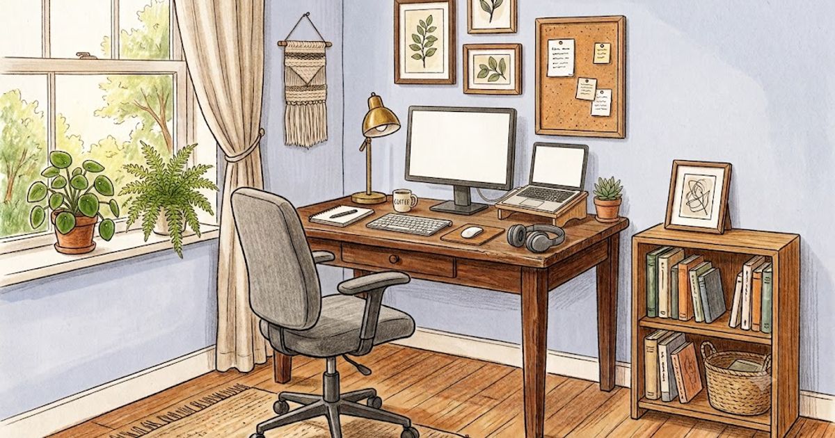 Secondhand timber desk and ergonomic office chair set up in a small home office corner