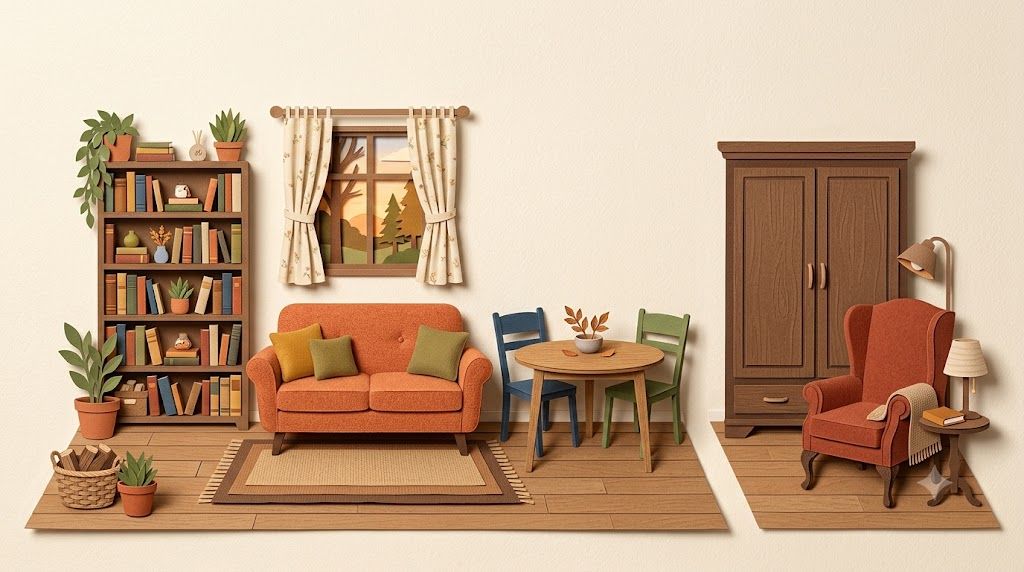 Layered paper cut-out illustration of a compact living room with a small sofa, dining table and bookshelf, and larger furniture set aside