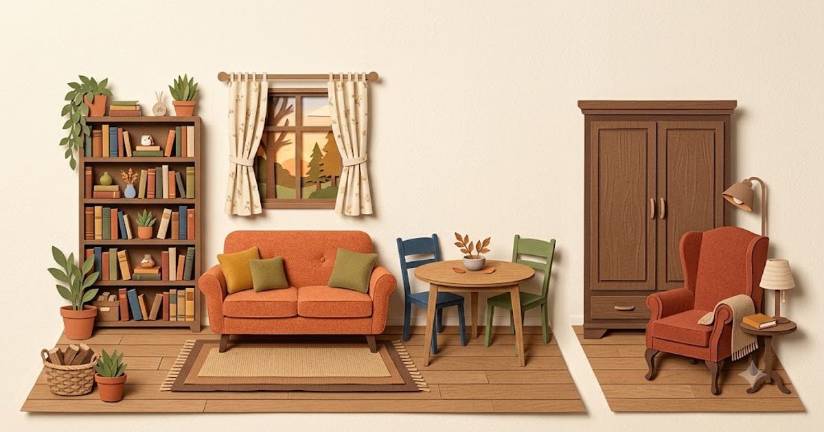 Layered paper cut-out illustration of a compact living room with a small sofa, dining table and bookshelf, and larger furniture set aside