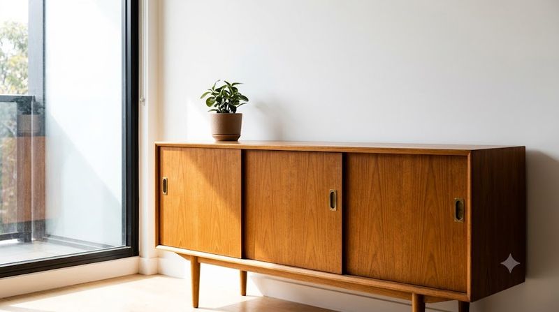 Authentic mid-century modern Danish teak sideboard used as a media console in a Melbourne apartment — natural materials furniture trend 2026