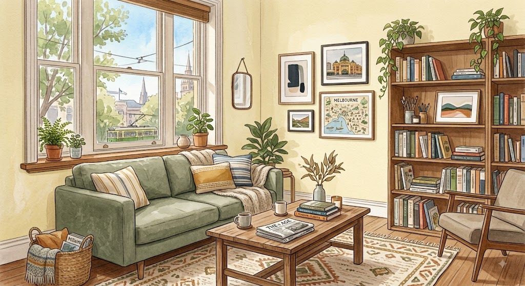 Watercolour illustration of a furnished living room in a Melbourne rental apartment