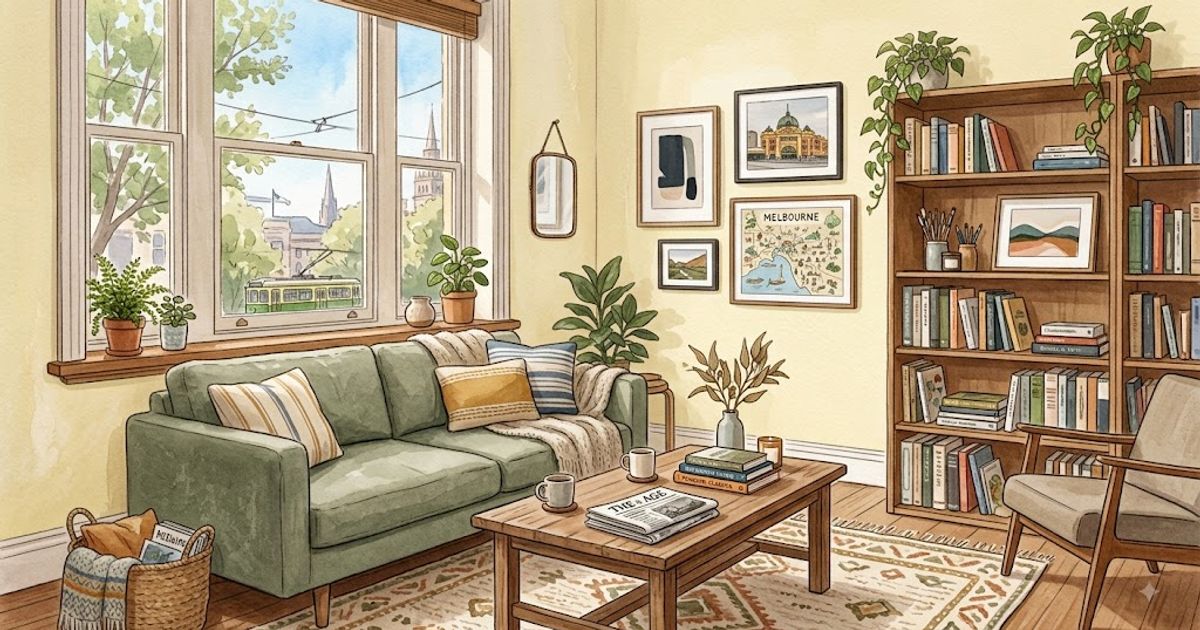 Watercolour illustration of a furnished living room in a Melbourne rental apartment