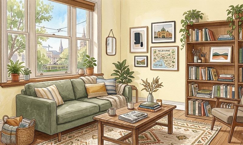 Watercolour illustration of a furnished living room in a Melbourne rental apartment