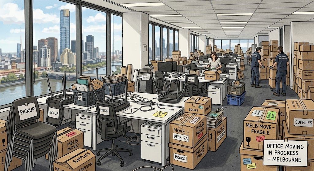 A Melbourne office mid-relocation with desks and chairs stacked and labelled ready for sale or pickup