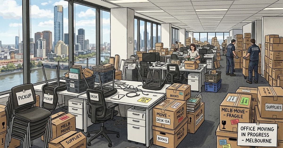 A Melbourne office mid-relocation with desks and chairs stacked and labelled ready for sale or pickup