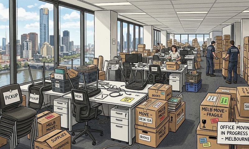 A Melbourne office mid-relocation with desks and chairs stacked and labelled ready for sale or pickup