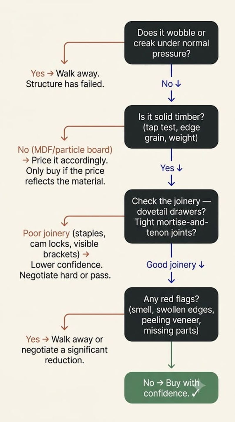 Decision tree flowchart for inspecting secondhand furniture — wobble check, solid timber test, joinery check and red flag assessment — Melbourne buyer's guide