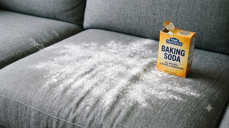 Baking soda sprinkled over a secondhand fabric sofa cushion to absorb odours before vacuuming — deodorising used furniture