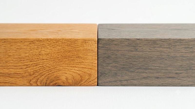Two pieces of timber furniture side by side showing warm honey oak versus cool grey-brown — checking undertone compatibility when buying used furniture