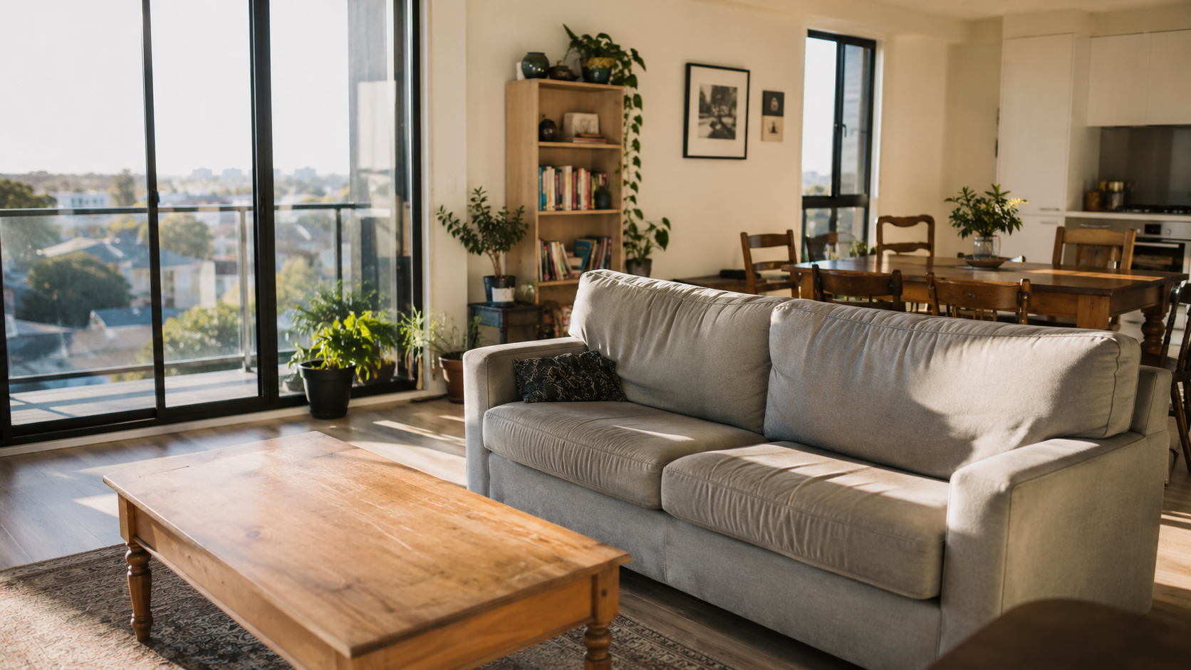 Melbourne apartment living room furnished with secondhand furniture — timber coffee table, grey sofa, mismatched dining chairs, morning light