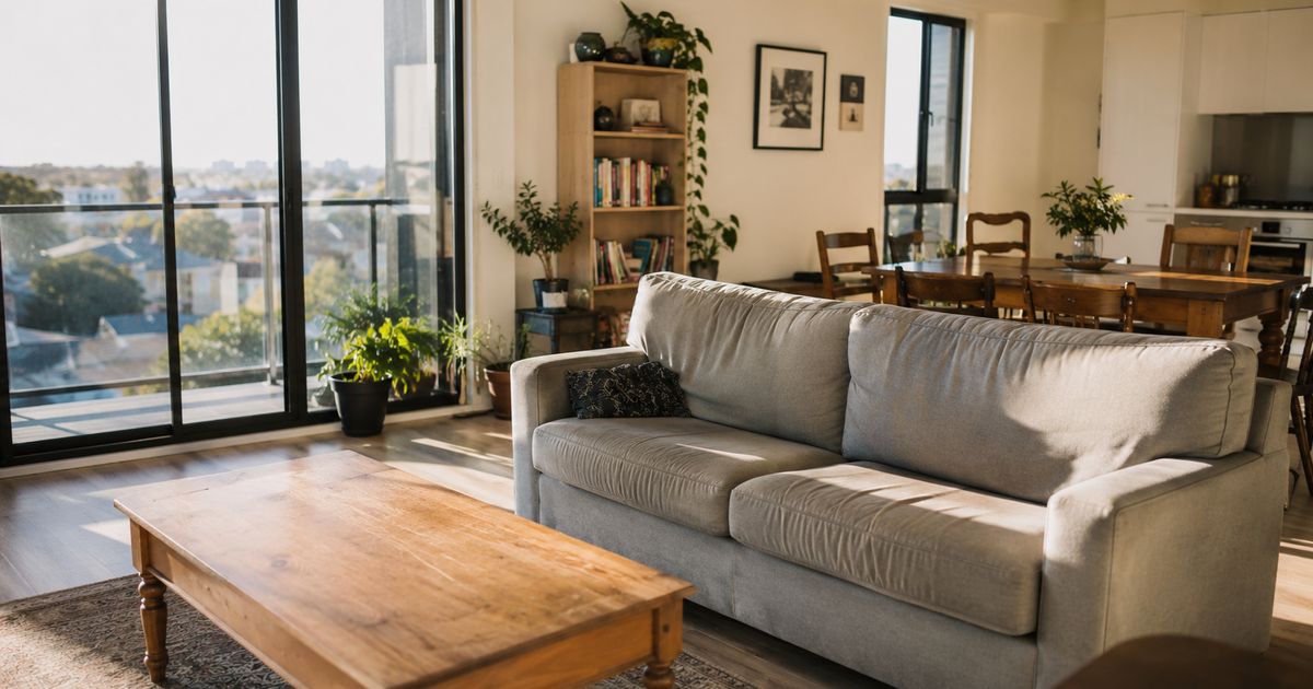 Melbourne apartment living room furnished with secondhand furniture — timber coffee table, grey sofa, mismatched dining chairs, morning light