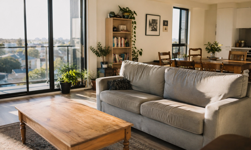Melbourne apartment living room furnished with secondhand furniture — timber coffee table, grey sofa, mismatched dining chairs, morning light