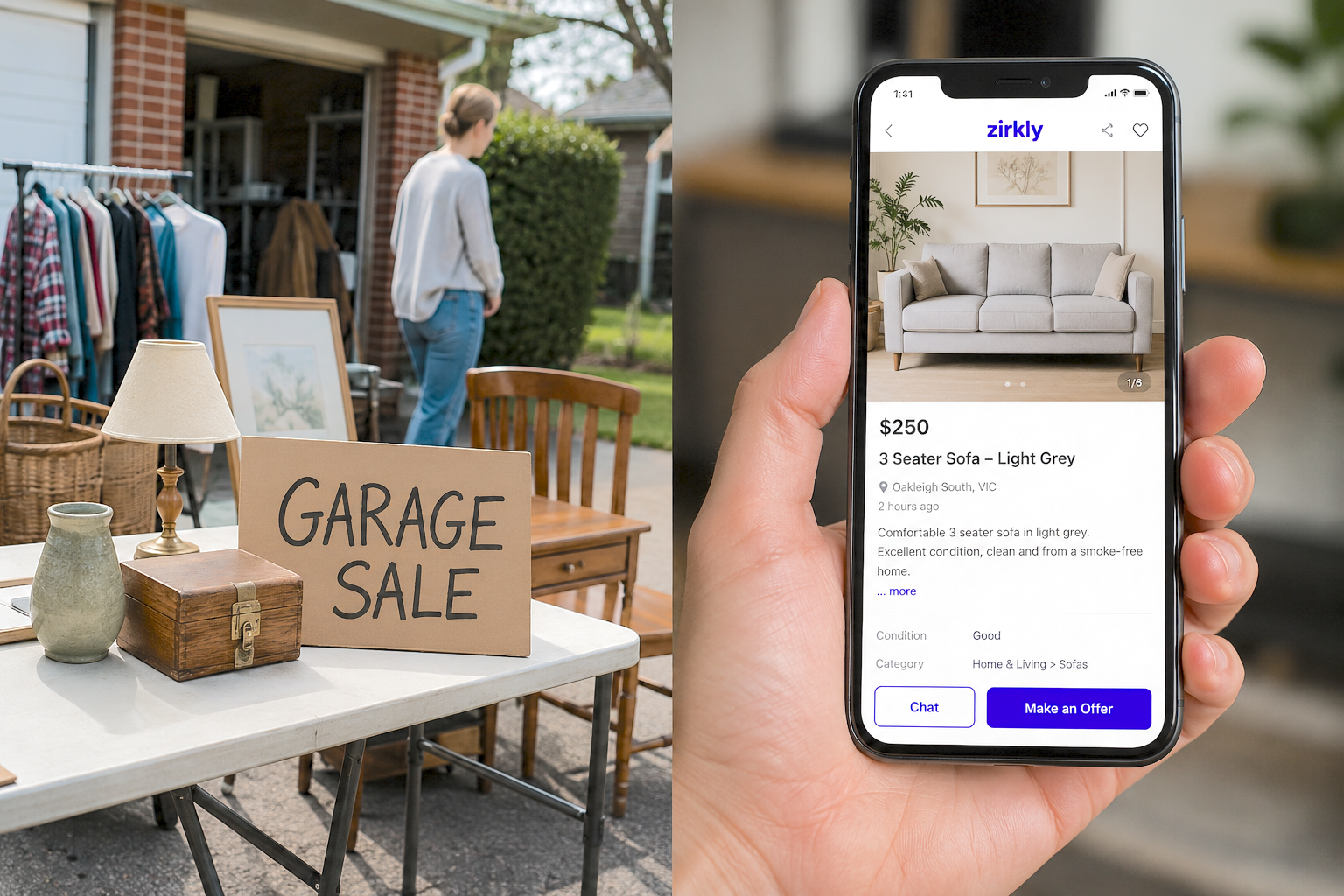 Photo realistic image comparing a driveway garage sale table with a smartphone showing an online furniture listing