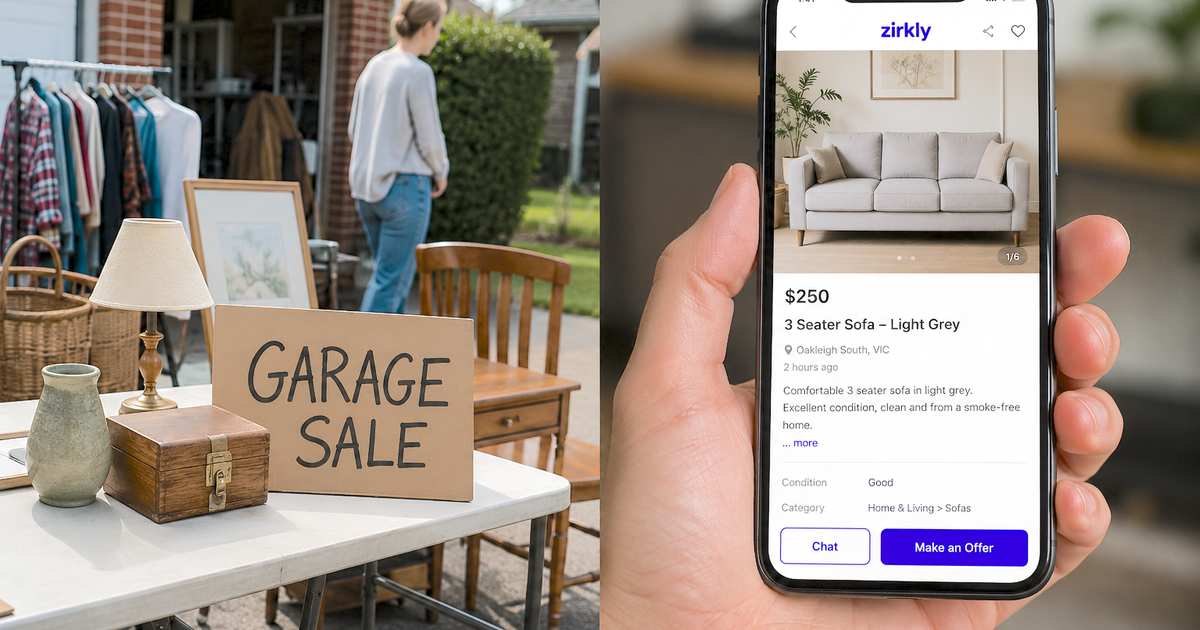 Photo realistic image comparing a driveway garage sale table with a smartphone showing an online furniture listing