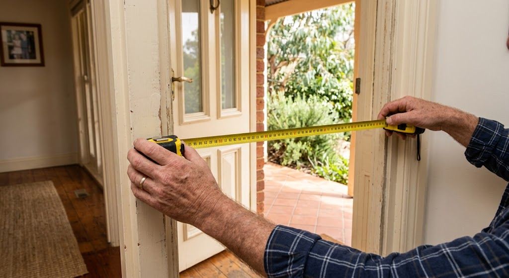A person measuring a doorway width with a tape measure before moving a sofa through it