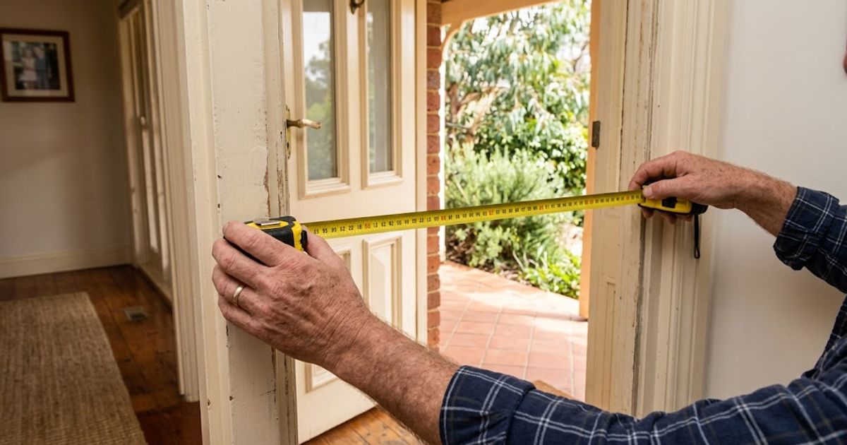 A person measuring a doorway width with a tape measure before moving a sofa through it