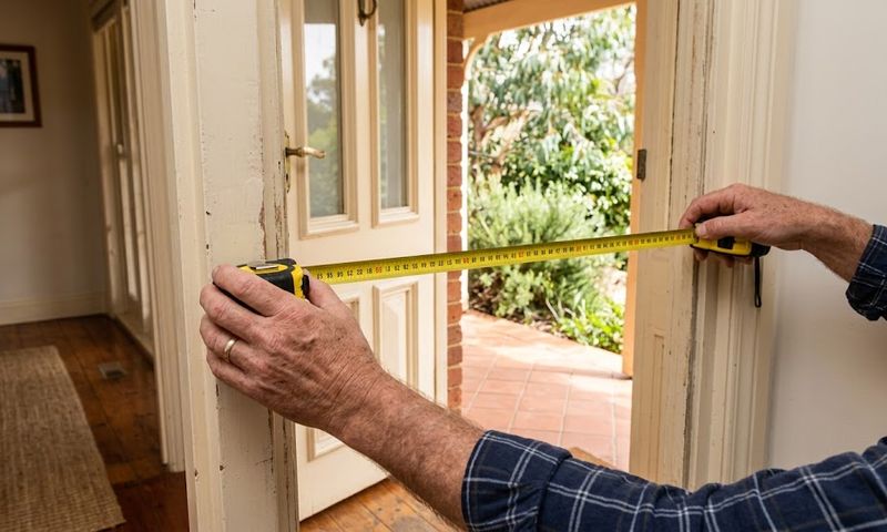 A person measuring a doorway width with a tape measure before moving a sofa through it