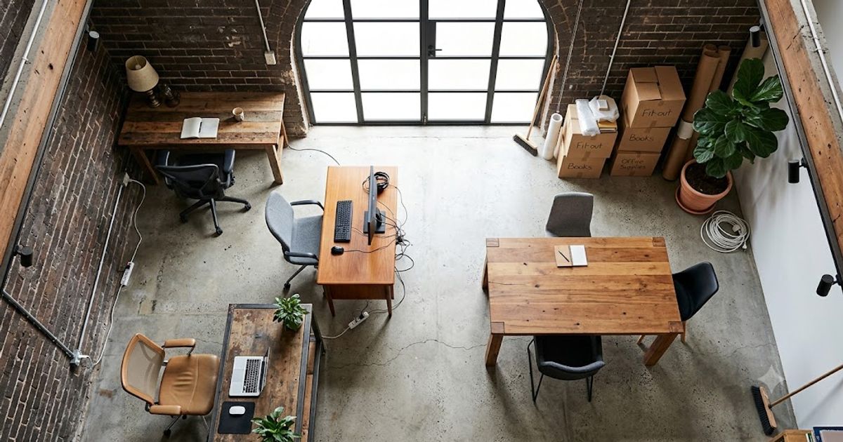 Overhead view of a small Melbourne coworking office being fitted out with secondhand desks, chairs and a shared meeting table