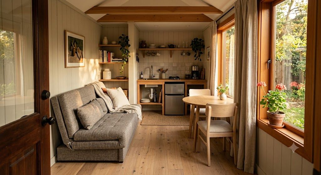 Illustrated interior of a compact Melbourne granny flat furnished with a fold-out sofa, small dining table and kitchenette.