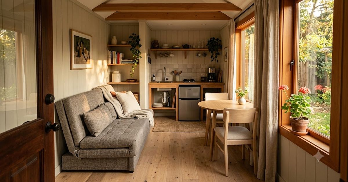 Illustrated interior of a compact Melbourne granny flat furnished with a fold-out sofa, small dining table and kitchenette.