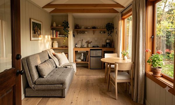 Illustrated interior of a compact Melbourne granny flat furnished with a fold-out sofa, small dining table and kitchenette.