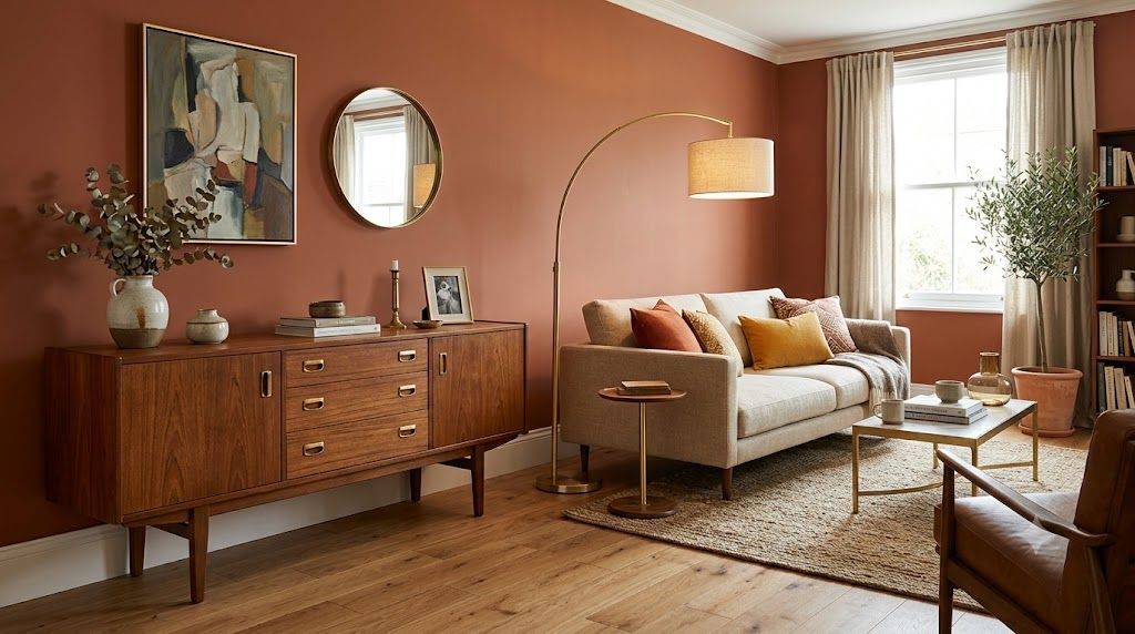 A styled living room combining a vintage timber sideboard with new furniture, tied together by repeated brass accents
