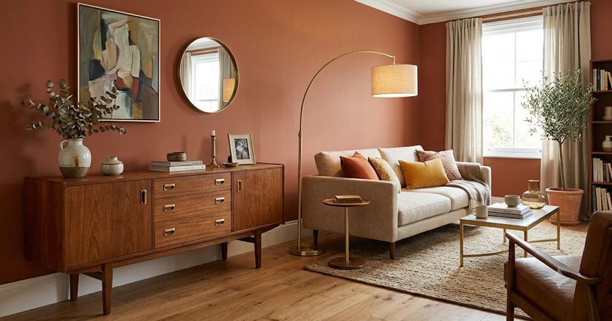 A styled living room combining a vintage timber sideboard with new furniture, tied together by repeated brass accents