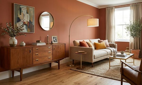 A styled living room combining a vintage timber sideboard with new furniture, tied together by repeated brass accents
