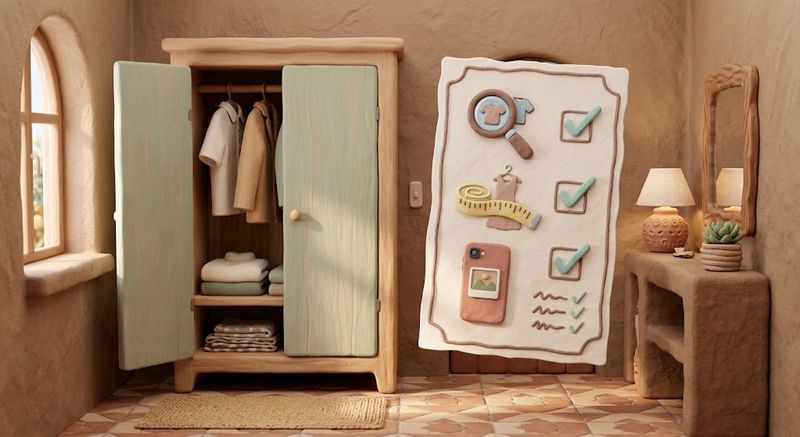 Checklist icons beside an open wardrobe, representing steps to prepare bedroom furniture for resale