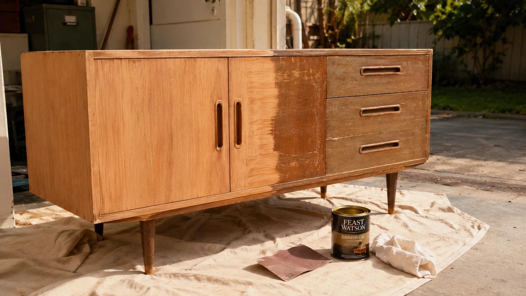 Timber sideboard mid-upcycling process showing one half sanded back to bare wood grain alongside Feast Watson oil and sandpaper — Melbourne DIY furniture restoration guide