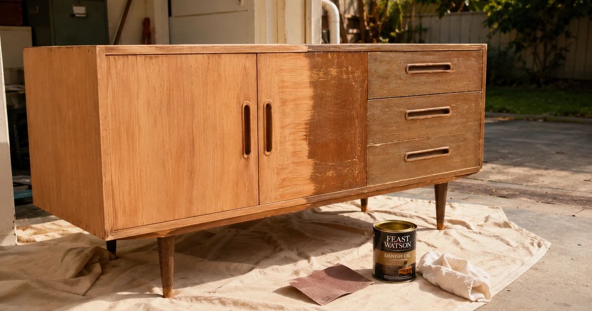 Timber sideboard mid-upcycling process showing one half sanded back to bare wood grain alongside Feast Watson oil and sandpaper — Melbourne DIY furniture restoration guide