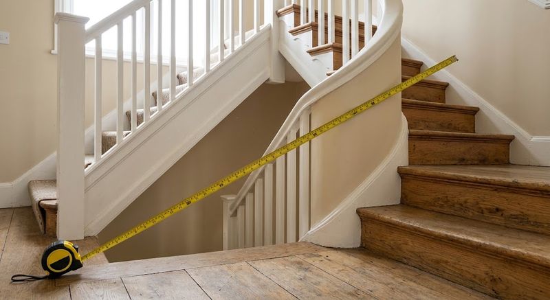 A tape measure held across a stairwell landing to check turning clearance for furniture