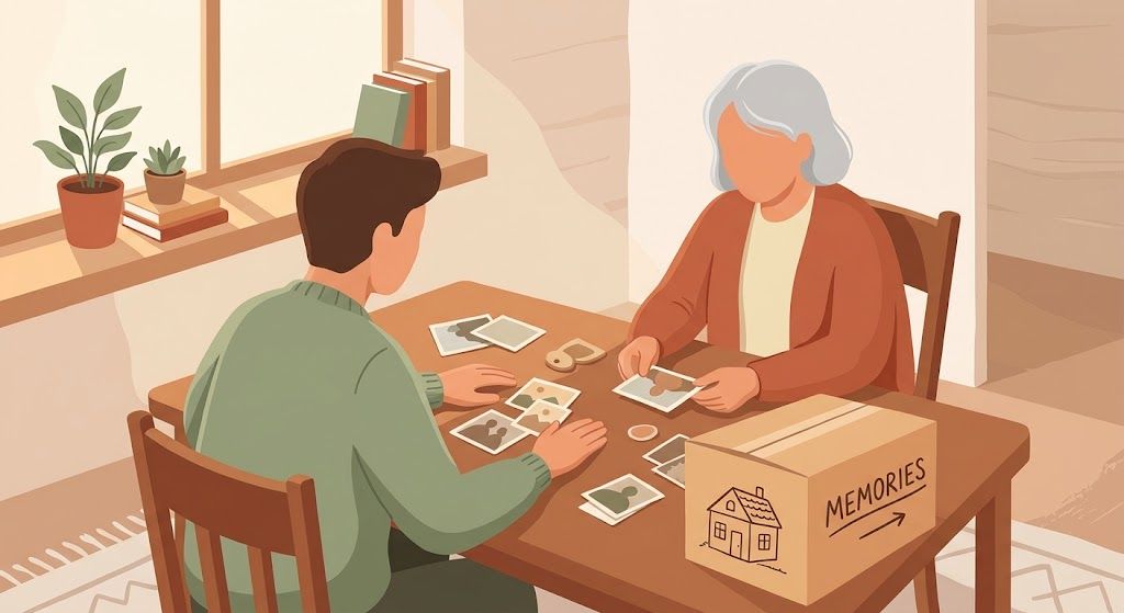 Adult child helping a parent sort belongings while downsizing for a move into aged care