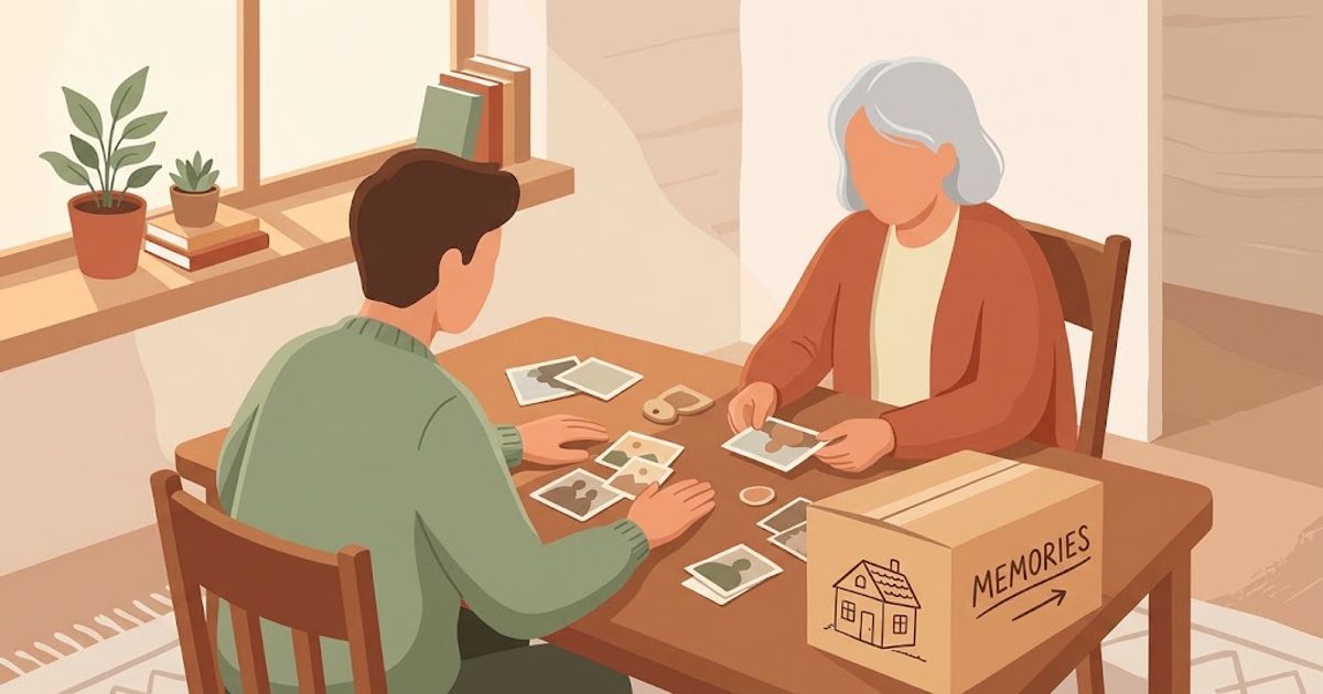 Adult child helping a parent sort belongings while downsizing for a move into aged care