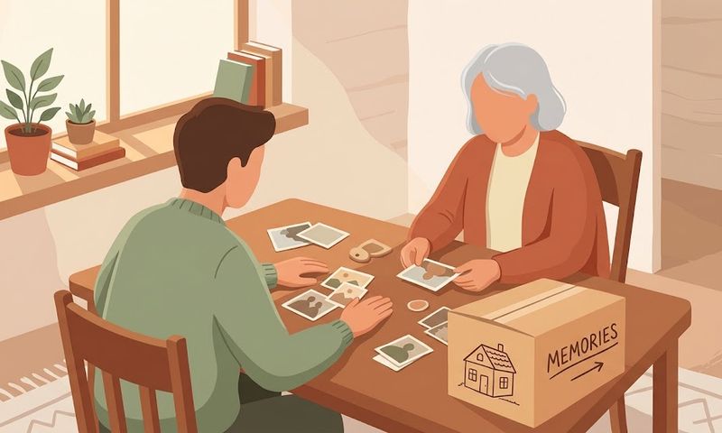Adult child helping a parent sort belongings while downsizing for a move into aged care