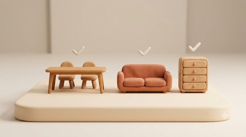 3D clay-style illustration of a miniature timber dining table, small sofa and chest of drawers — the secondhand furniture buyers look for