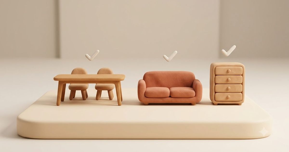 3D clay-style illustration of a miniature timber dining table, small sofa and chest of drawers — the secondhand furniture buyers look for