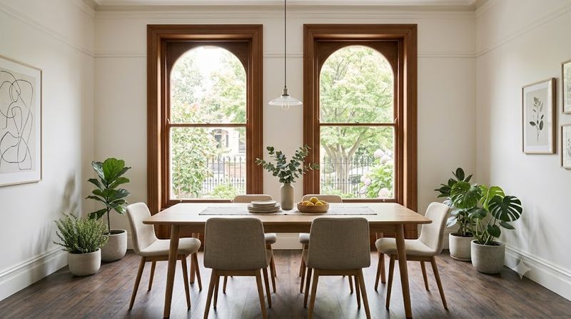 Light-filled Melbourne apartment dining room with solid oak Scandinavian dining table, tapered-leg linen chairs, and Cloud Dancer white walls — Scandinavian minimalist luxury furniture trend 2026