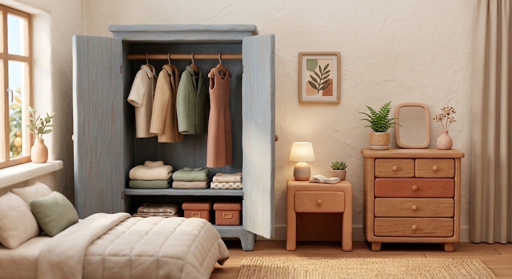 Secondhand wardrobe, dresser and bedside table in a Melbourne bedroom