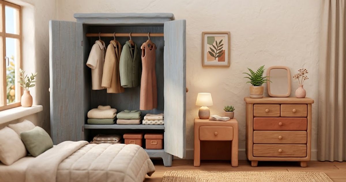 Secondhand wardrobe, dresser and bedside table in a Melbourne bedroom