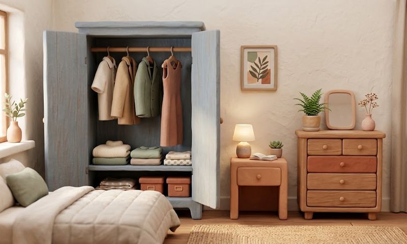 Secondhand wardrobe, dresser and bedside table in a Melbourne bedroom