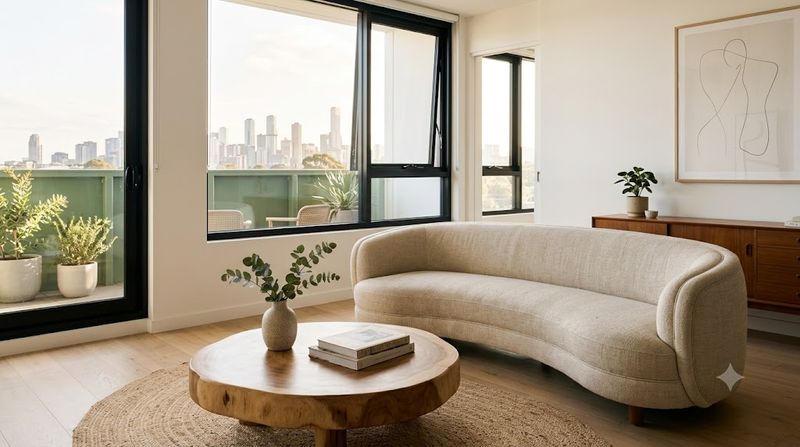 Curved three-seater oatmeal linen sofa with rounded edges and organic timber coffee table in a light-filled Melbourne apartment — curved furniture trend 2026