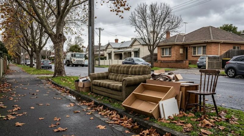 A Melbourne suburban kerbside with a discarded sofa, flat-pack shelving and timber furniture left for hard rubbish collection — the linear economy's end point for furniture