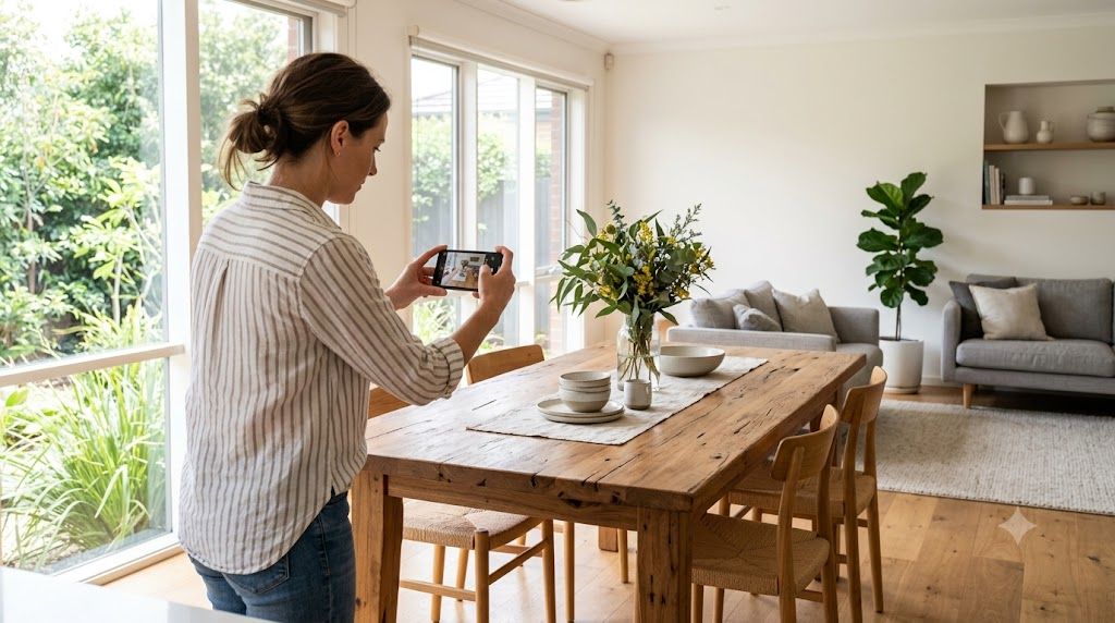 Person photographing a secondhand timber dining table with a phone in a bright Melbourne living room