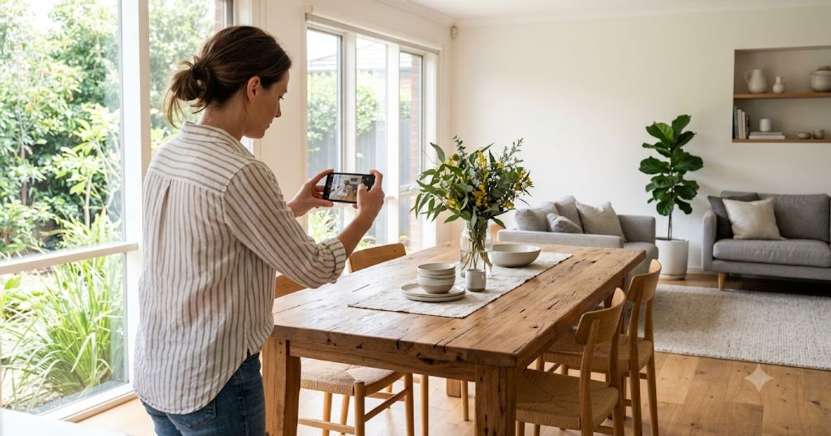 Person photographing a secondhand timber dining table with a phone in a bright Melbourne living room