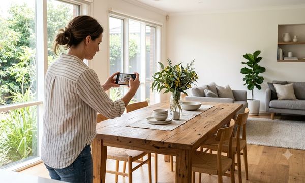 Person photographing a secondhand timber dining table with a phone in a bright Melbourne living room